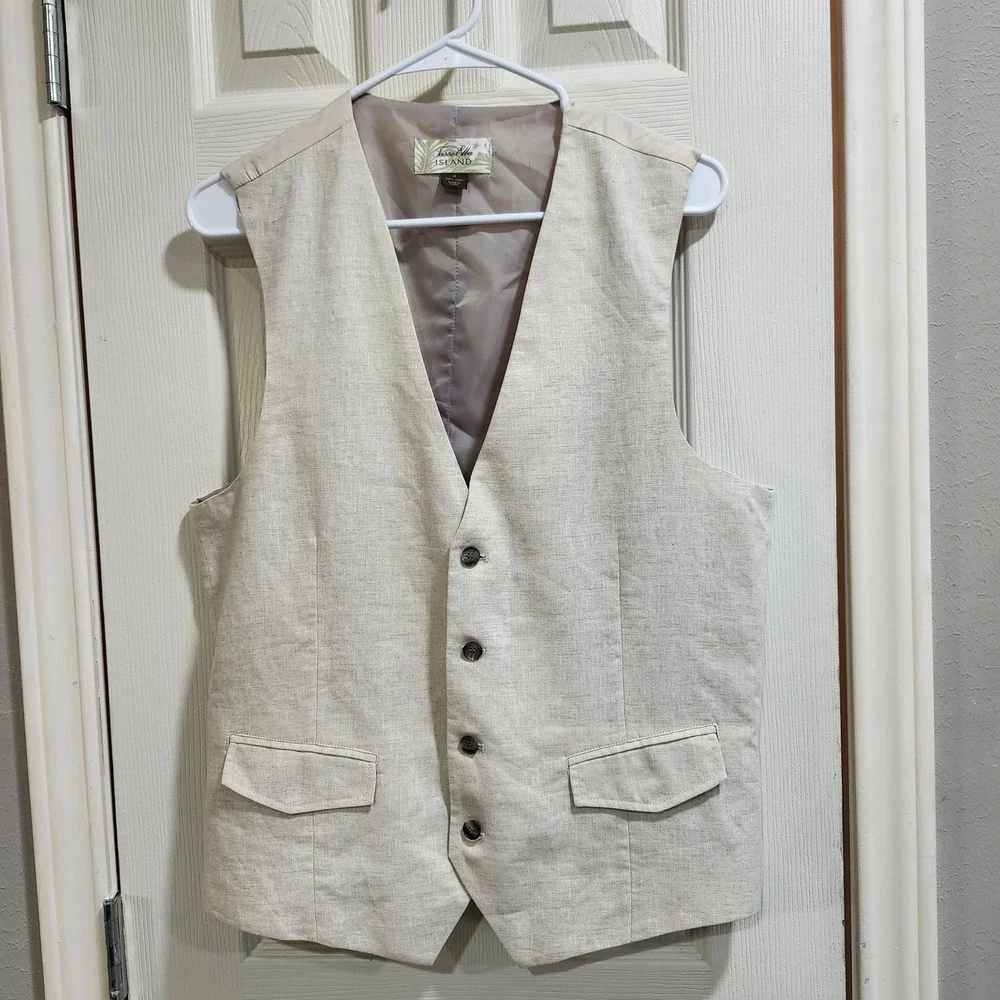 Tasso Elba Island Mens 100% Linen Vest Beige Oatmeal Waistcoat Size M